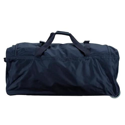 Rockland rolling duffel bag, black, 36-inch, side view with top handles and wheels.