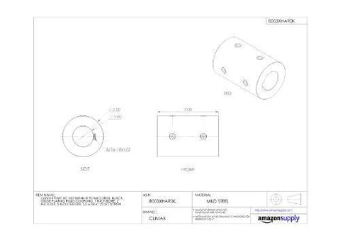 RC-100 rigid coupling, black oxide mild steel, 1 in bore, 2 in OD, 3 in length with set-screw holes.