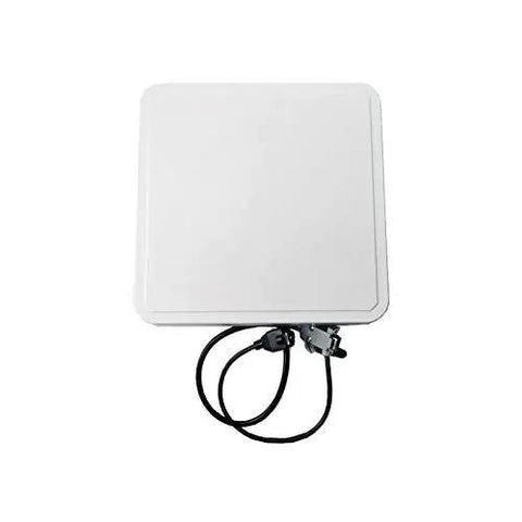 Front view of Beefy Long Range UHF RFID Reader With 9 dBi Circular Antenna, 902-928 MHz, showing enclosure and cables.