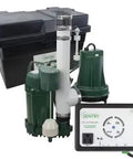 Straight Up Heavy Duty Sump Pump Combined With Rock Solid Battery Backup Power System Delivers auto diagnostics side view image with control panel.
