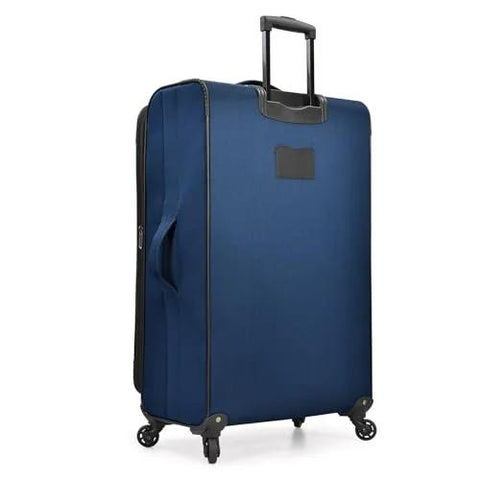 Aviron Bay navy expandable spinner luggage 31 inch with wheels, durable 600D polyester, spacious with expansion for extra packing space.