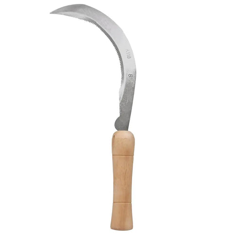 8 Inch Serrated Curved Blade Landscape Scythe With Wooden Handle For Weeding And Garden Maintenance Heavy Duty Carbon Steel Blade