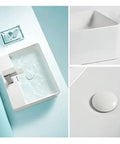Modern White Rectangular Vessel Sink For Bathroom Counter Crisp Ceramic Basin Sleek Finish Easy Install Super Clean Look That Seriously Levels Up Your Whole Bath Vibe, showcasing top view with faucet and close-up details.