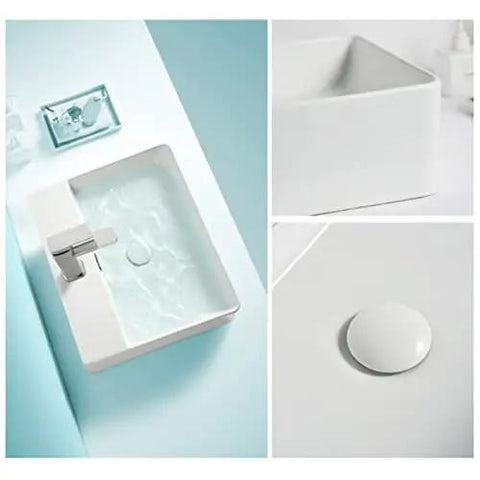 Modern White Rectangular Vessel Sink For Bathroom Counter Crisp Ceramic Basin Sleek Finish Easy Install Super Clean Look That Seriously Levels Up Your Whole Bath Vibe, showcasing top view with faucet and close-up details.