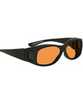 Straight Up Laser Safety Glasses Fitover Style Nixes Green Laser Beams With Heavy Duty Coverage, black frame with orange lenses.