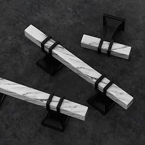 Ten Pack White Marble Grain Kitchen Cabinet Knobs With Black T Bar Hardware Two Tone Square Dresser Drawer Handles on dark surface