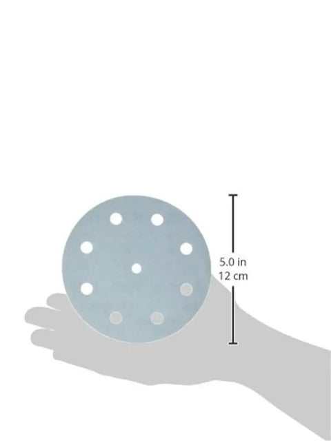 P220 Grit Granat Sandpaper Pack Of 100 With StickFix And Jetstream Dust Removal, 5-inch disc on a hand with size indication