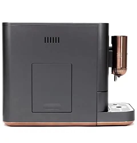 Side view of Top Shelf Wifi Automatic Espresso Machine With Built In Milk Frother And Adjustable Bean Grinder, Matte Black.