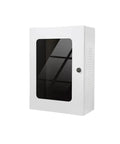 Heavy Duty Ev Station Enclosure With Tempered Glass Front Panel Solid Steel Wall Mount Weatherproof Case Kickass Outside Shield For Electric Vehicle Charging Setup White side view showing secured glass door and ventilation slots.