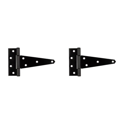 N129 155 V286 Extra Heavy Duty T Hinges Black 6 Inch Two Pack With Offset Screw Holes For Extra Strength And To Prevent Wood From Splitting Built To Last For Doors Sheds And Exterior Use Made From Hot Rolled Steel, black 6-inch T hinges