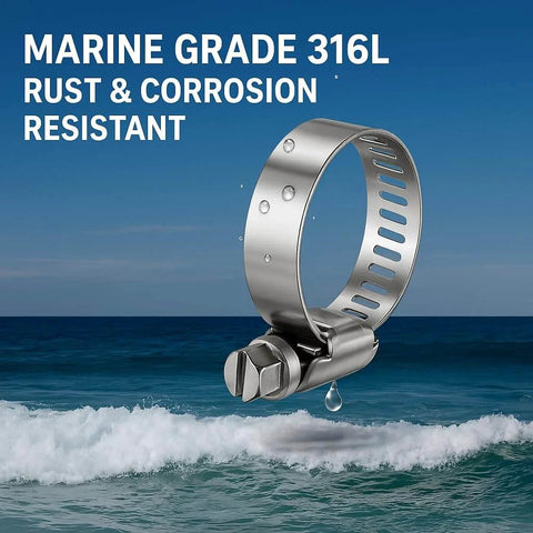 316L Stainless Steel Hose Clamps Marine Grade Heavy Duty Adjustable Band Clamp Set Of Four 13 To 19 Mm And One Half To Three Quarters Inch Fits Fuel Lines And Marine Equipment Corrosion Resistant Durability displayed against ocean waves