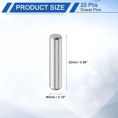 20 Pcs 5 Mm By 22 Mm Dowel Pins 316L Stainless Steel for shelf support, cylindrical pin shown with dimensions against white background.