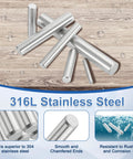 20 Pcs 5 Mm By 22 Mm Dowel Pins 316L Stainless Steel Cylindrical Dowel Pins silver tone on wooden surface showing durability and chamfered ends
