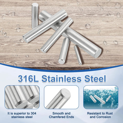 20 Pcs 5 Mm By 22 Mm Dowel Pins 316L Stainless Steel Cylindrical Dowel Pins silver tone on wooden surface showing durability and chamfered ends