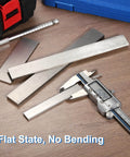 316L Stainless Steel Flat Bar 3mm By 25mm By 100mm Brushed Finish Set Of 2 displayed on a wooden surface with caliper.