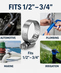316L Stainless Steel Hose Clamps Marine Grade Heavy Duty Adjustable Band Clamp Set Of Four 13 To 19 Mm And One Half To Three Quarters Inch Fits Fuel Lines And Marine Equipment Corrosion Resistant Durability shown in applications.
