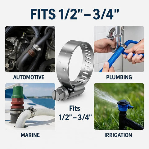 316L Stainless Steel Hose Clamps Marine Grade Heavy Duty Adjustable Band Clamp Set Of Four 13 To 19 Mm And One Half To Three Quarters Inch Fits Fuel Lines And Marine Equipment Corrosion Resistant Durability shown in applications.