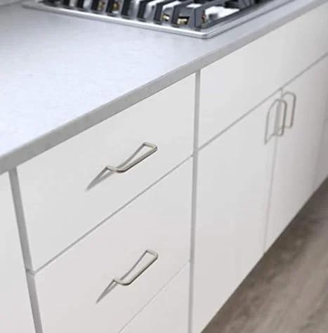 Ultra Minimal Solid Wire Cabinet Pulls Satin Nickel For Cupboard And Drawer Handles 3 Inch Center To Center kitchen installation view
