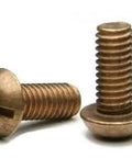 Silicon Bronze Electrical Screw Kit With Nuts And Washers And Insulated Screwdriver 377 Pieces In Compartments Box Includes 125 Screws 125 Nuts 125 Flat Washers Corrosion Resistant Fasteners For Breakers Lugs And Buss Bars, close-up of two bronze screws