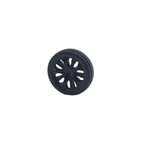 Close-up of a black wheel from the 20 Pack Plastic Toy Wheels With 2mm Shafts And Round Axles For RC Cars And DIY Models, 35mm Diameter Wheels.