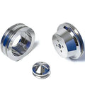 Rugged Underdrive V Belt Pulley Kit Bolts Onto Ford 429 And 460 Big Block Engines made of solid 6061 T6 aluminum, showcasing two pulleys and a smaller hub.