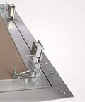 Close-up of Straight Up Solid Aluminum Access Panel 24 By 36 Inch latch and fixed hinge, showing seamless design for drywall installation.