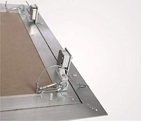 Close-up of Straight Up Solid Aluminum Access Panel 24 By 36 Inch latch and fixed hinge, showing seamless design for drywall installation.