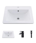 Drop In White Porcelain Vessel Sink With Black Faucet And Pop Up Drain, 21x18 Inch Bathroom Lavatory Basin, Durable Ceramic Glaze