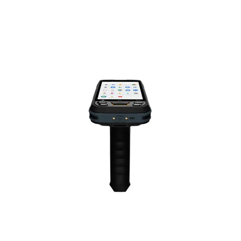 Rock Solid Android 12 Barcode Scanner With Pistol Grip Built Tough PDA handheld mobile computer, front view with touchscreen.