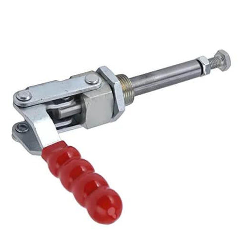 Heavy Duty Quick Release Toggle Clamp with 701lb holding capacity for woodworking jigs, featuring red handle and metal construction