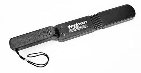 Side view of Lumber Wizard 5 metal detector for woodworking, black handheld device with wrist strap.