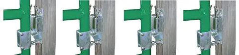 Rock Solid Lockable Two Way Livestock Gate Latch Four Pack Straight Up Heavy Duty Farm Fence Hardware mounted on wood fence.