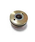 Waterjet pump seal housing, brass-colored metal with blue-gray inner bore, front view