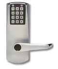 E-Plex Lever Mortise Lock with Push Button Code Entry Electronic Keypad for commercial use in smooth satin chrome finish.