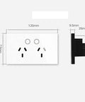 Fresh Double Wall Socket With Smooth Crystal Tempered Glass Panel Touch On Off Button Recessed Power Outlet 10 Amp 110V To 240V Compatible, showing dimensions.