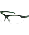 Badass Anti Fog Safety Glasses With Crisp Clear Lenses And Lightweight Green Half Frame built for tough daily grinds angle side view