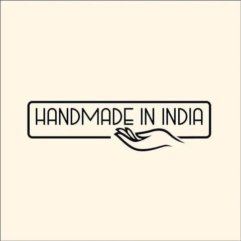 Handmade in India logo with a hand illustration, emphasizing craftsmanship and authenticity.