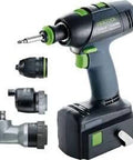 Professional 18V Cordless Drill And Driver Tool With Quick Change Chuck System showing drill and attachments for versatile use.