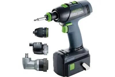 Professional 18V Cordless Drill And Driver Tool With Quick Change Chuck System showing drill and attachments for versatile use.
