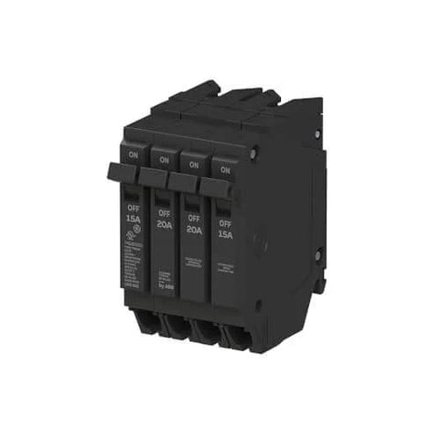 Q-Line THQLQ152015 Quad Circuit Breaker 120/240 VAC, front view showing 15A 1P and 20A 2P configuration for load centers.