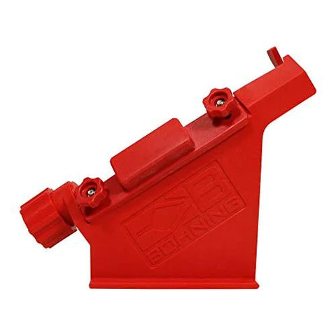 Pro Class Fletching Jig For Vanes And Feathers Up To 5.5 Inches, 3 Or 4 Fletches, Precise Offset Indicators, red tool, side view