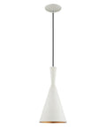 White 7.25-Inch Mini Pendant Light With Gold-Interior Metal Shade hanging on black adjustable cord