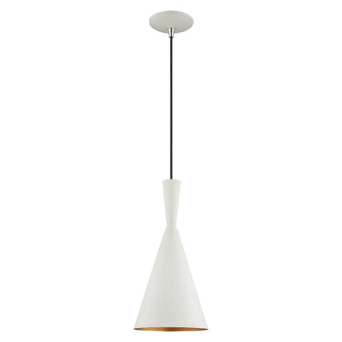 White 7.25-Inch Mini Pendant Light With Gold-Interior Metal Shade hanging on black adjustable cord