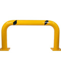Two Pack Rugged Industrial Grade High Profile Steel Guard Rail Safety Barrier Yellow Powder Coat With Black Visibility Stripes Floor Mounted Bolt On For Warehouses And Parking Areas 24 By 48 Inch showing yellow guard rail with black stripes, front view.