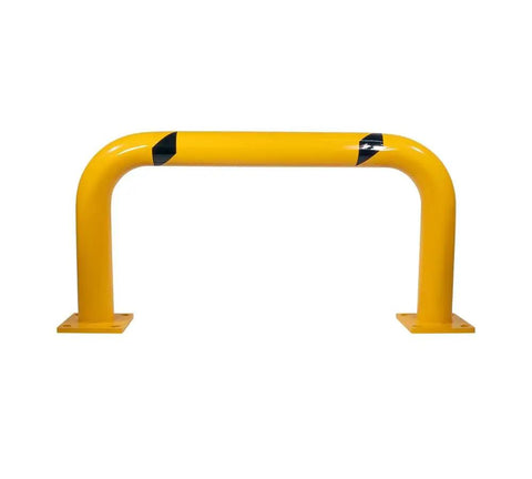 Two Pack Rugged Industrial Grade High Profile Steel Guard Rail Safety Barrier Yellow Powder Coat With Black Visibility Stripes Floor Mounted Bolt On For Warehouses And Parking Areas 24 By 48 Inch showing yellow guard rail with black stripes, front view.