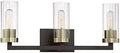 Aged Kinston Bronze Vanity Bath Light with Brushed Brass Highlights, 3 Light Fixture, glass shades, front view