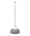 Slick Modern Toilet Plunger With 19 Inch Handle And Gray Rubber Cup kicks clogs fast, featuring a gray dome and white handle.