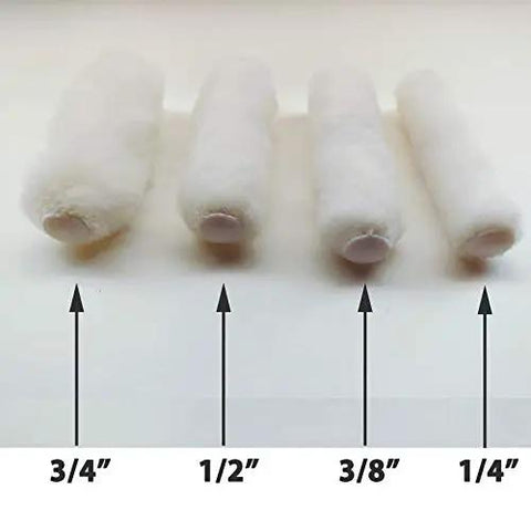 Ultra Premium Woven Mini Rollers 100 Count Bulk Lint-Free Nano Rollers shown in various sizes 3/4", 1/2", 3/8", 1/4" for detailed painting.