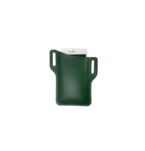 Green leather pouch with a phone inserted, showing the open top. Designed for use with Leather Die Cutter Kit With Japan Steel Blade.