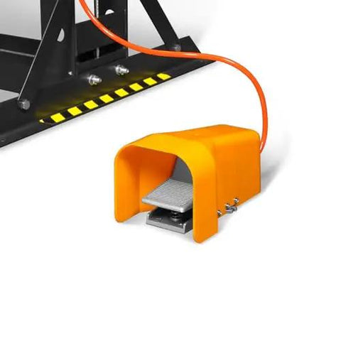 Foot pedal control of Beefy 30 Ton H Frame Air Hydraulic Shop Press, part of steel frame with orange pedal and cable visible.